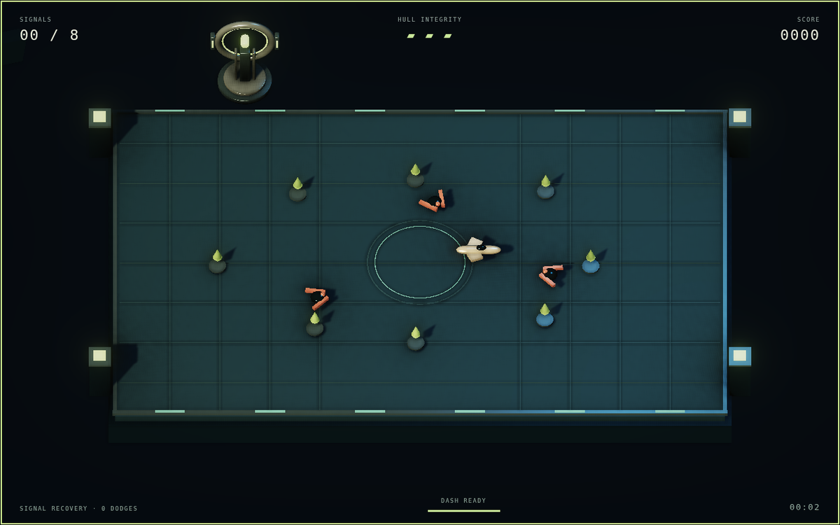 An ivory ship evades coral seekers on a dark orbital platform dotted with green signals.