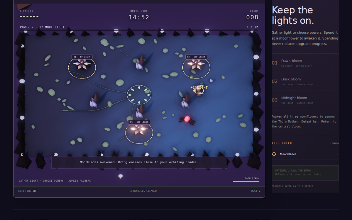 A lantern spirit fights beetles among luminous crystals, mushrooms and moonflowers in a dark garden.